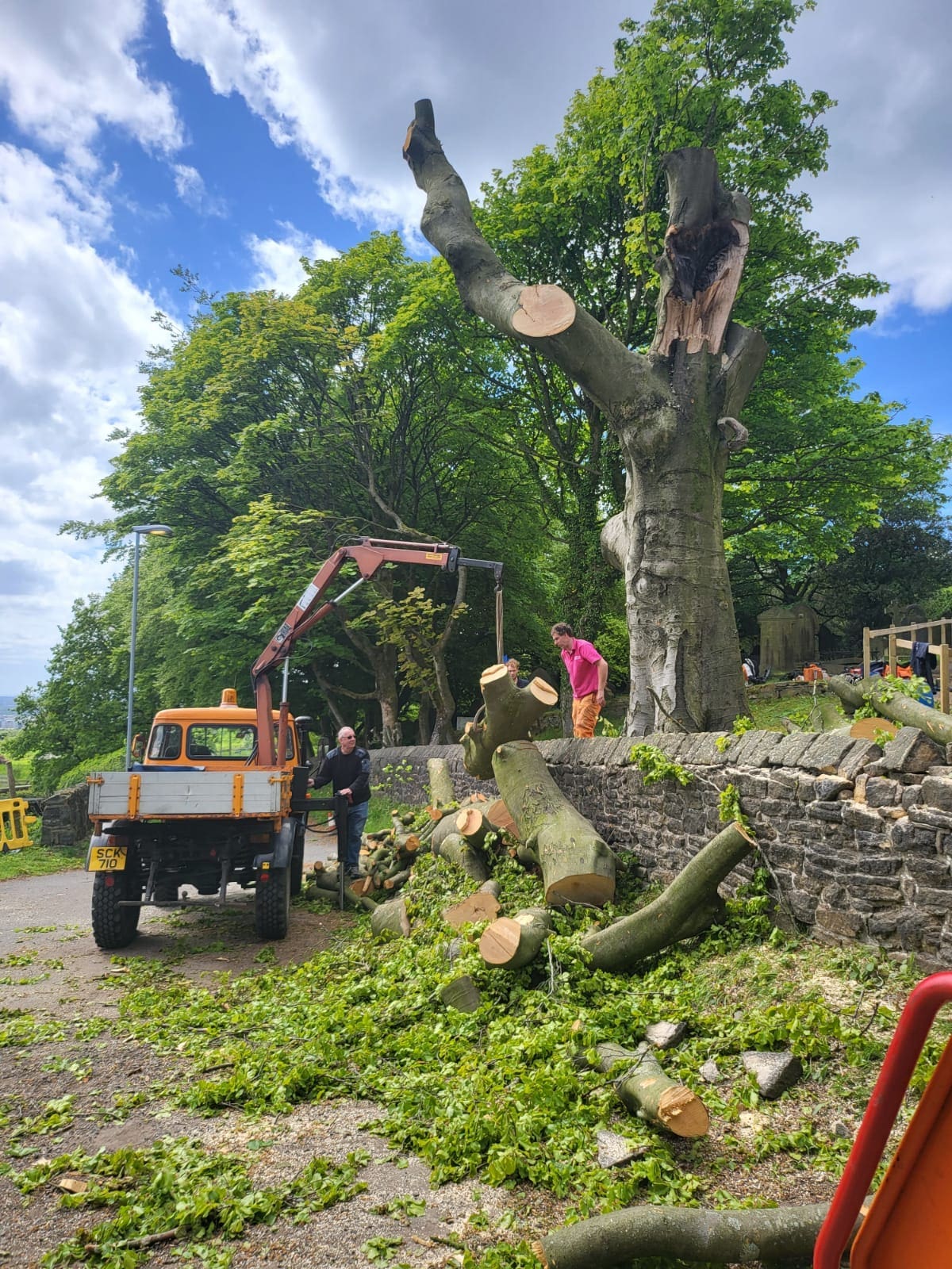 Large tree removal in Rochdale with unimog and timber crane for ACC Tree Care